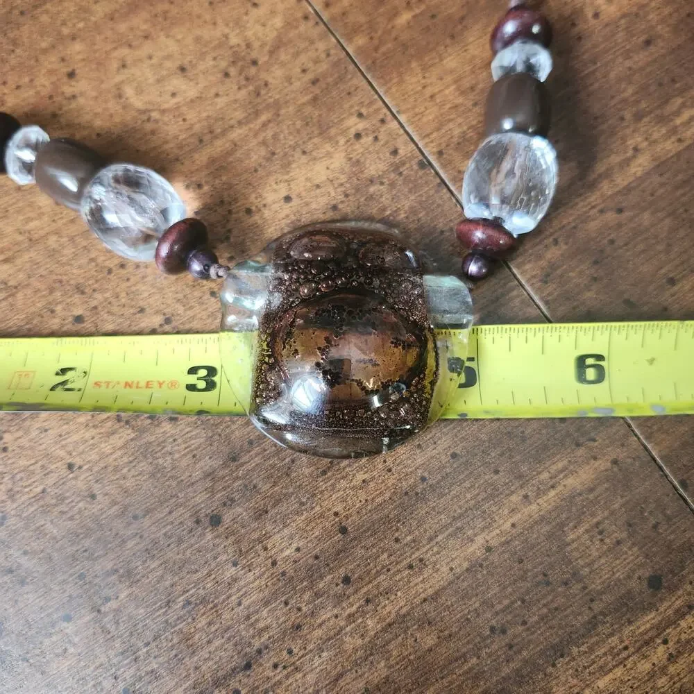 Brown Art Glass Pendant Wood Bead Cord Necklace Adjustable Boho Chunky‎